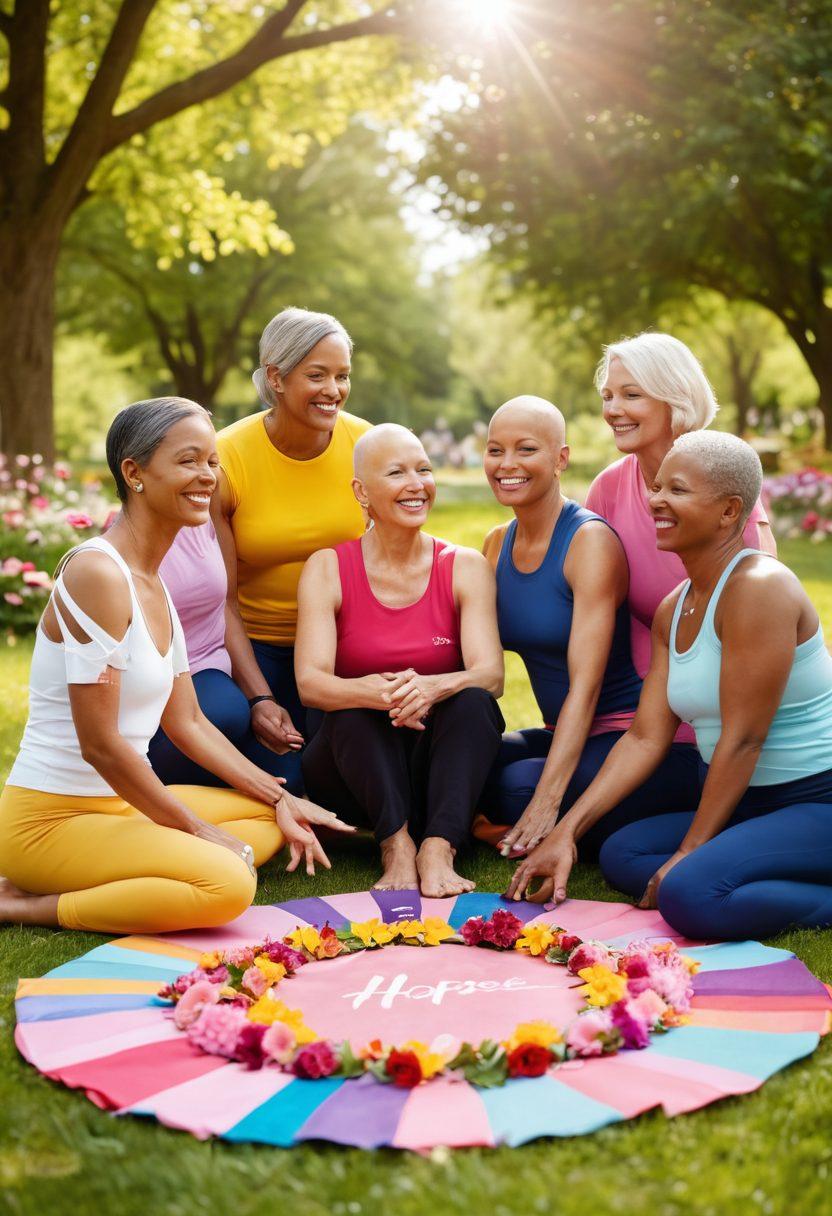 A diverse group of cancer survivors and advocates gathered in a supportive circle, sharing stories and laughter. The background features a bright, sunny park with blooming flowers symbolizing hope and renewal. Include elements of ribbons and healthy lifestyle props like fruits and yoga mats to represent wellness. Capture a sense of unity, strength, and positivity. super-realistic. vibrant colors. soft focus.