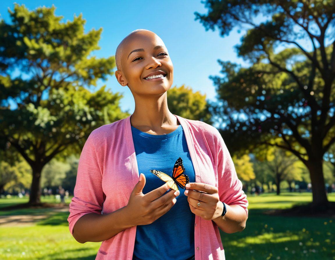 A powerful visual of a cancer survivor standing confidently in a sunlit park, holding a butterfly in their hand, symbolizing transformation and hope. Surround them with supportive figures like friends and family, radiating positivity and encouragement. Include tools and resources subtly in the background, like books and wellness items. The sky is bright blue, representing a promising future. vibrant colors. super-realistic.
